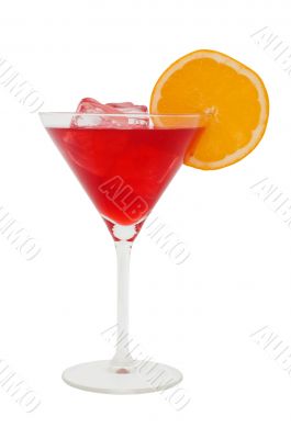 red cocktail with a slice of orange and icecubes red cocktail with a slice of orange and icecubes