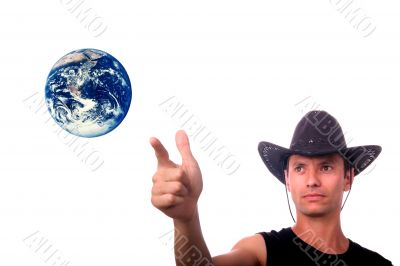 cowboy pointing earth to protect