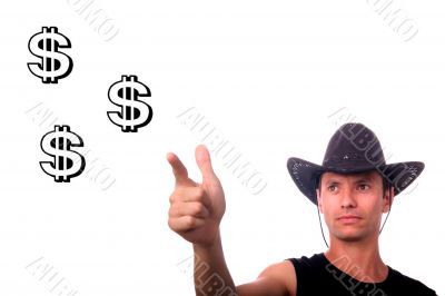 cowboy businessman shooting dollars