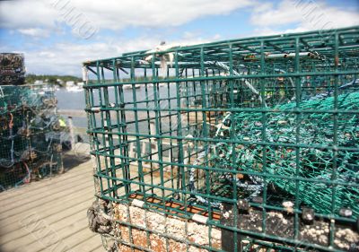 Lobster traps on wharf, harbor