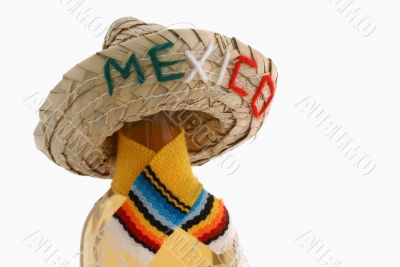 Bottle of booze with straw `mexico` hat.