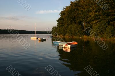 bay boats at sunset