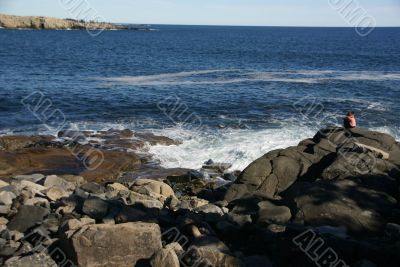 Visitor watching the tide from rocky perch