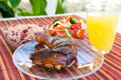 Jerk Chicken with Vegetables, Rice and Lemonade