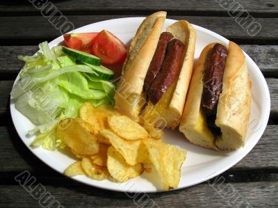 sausage baguette and salad