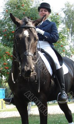 equestrian saddlewoman on black stallion