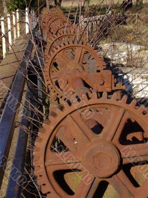 long row of rusty cog wheels