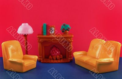 toy fireplace, sofa, lamp, armchair