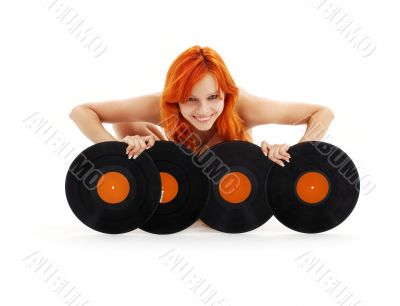 lovely redhead with vinyl records