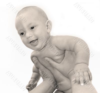 father holding his son, sepia over white