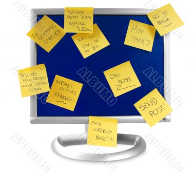 flatscreen monitor with notes written on it