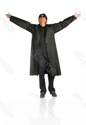 man in black with arms open