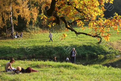 Picturesque autumn landscape of river and bright trees and bushes