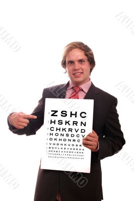 business man with eye test chart