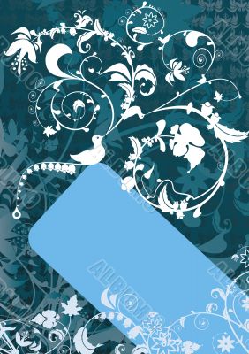 Blue banner with bird and floral ornaments