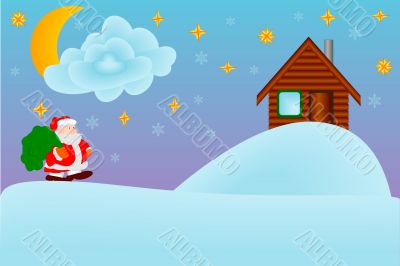 Christmas night. Santa Claus carries gifts.