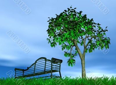 metallic bench under a tree