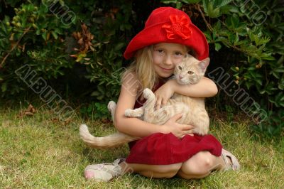 the girl in red hat with a cat