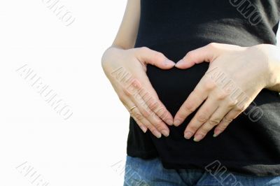 Heart From Hands, pregnant woman on white background