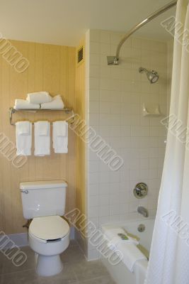 Bathroom with open shower curtain