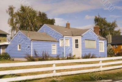 Blue House White Fence