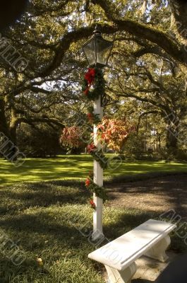 Decorative Lamp with Christmas Wreath and Park Bench