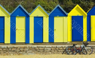 Blue and yellow changing rooms and bike