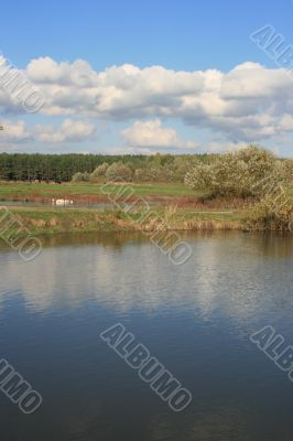 Cloudy sky over yellow autumn forest and pond