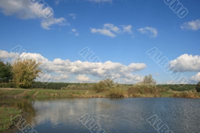 Cloudy sky over yellow autumn forest and pond
