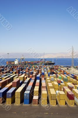 Panoramic view of containters in a harbour