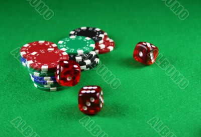 An Action shot of 5 dice thrown onto the table