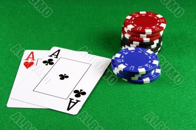 Poker - A Pair of Aces with Poker Chips