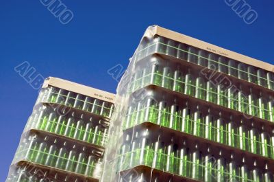 Stack of green glass bottles