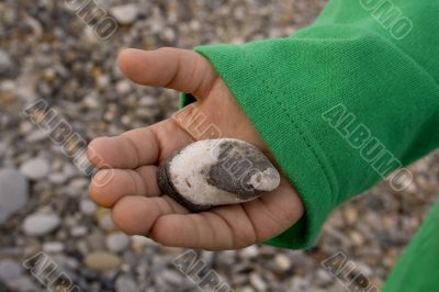 sea rounded cloudy stone on a child`s hand