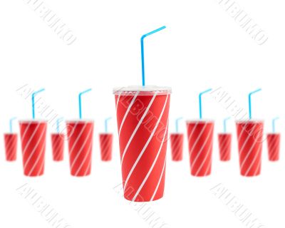 Many soda drinks with blue straw Many soda drinks with blue straw