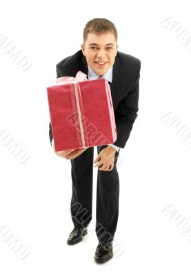 happy businessman with pink gift package