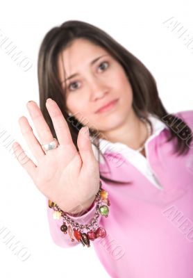 casual woman with hand in front
