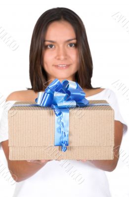 girl offering gift in white