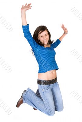 beautiful girl jumping over white