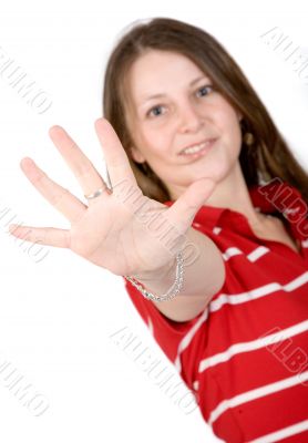 beautiful girl with hand in front