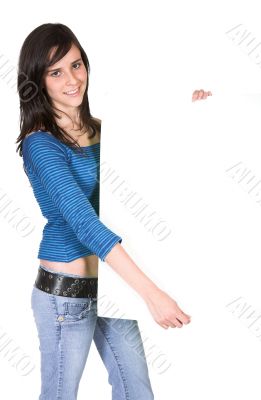 casual girl holding a white card