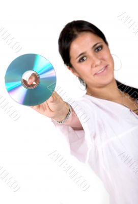 young woman holding a cd rom