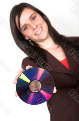 beautiful girl holding a cd rom