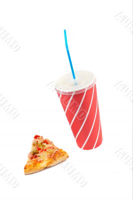 Slice of pizza and soda drink