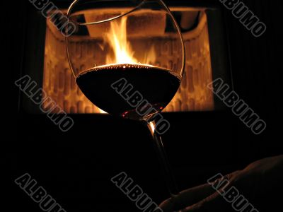 red wine and fireplace