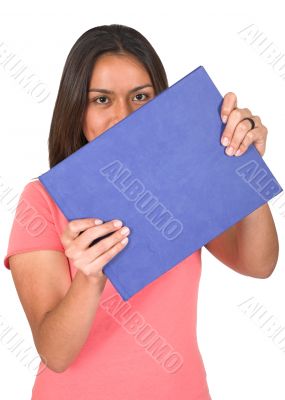 student with blue book