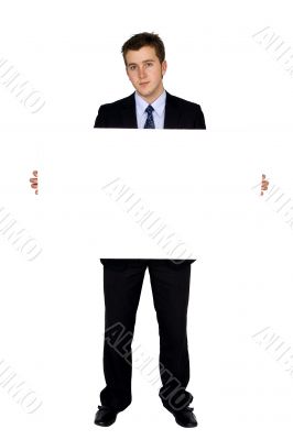 business man holding banner