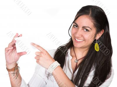 business woman showing business card