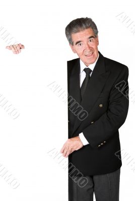business man holding a white card