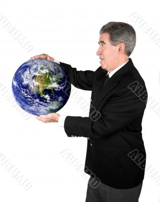 business man holding globe